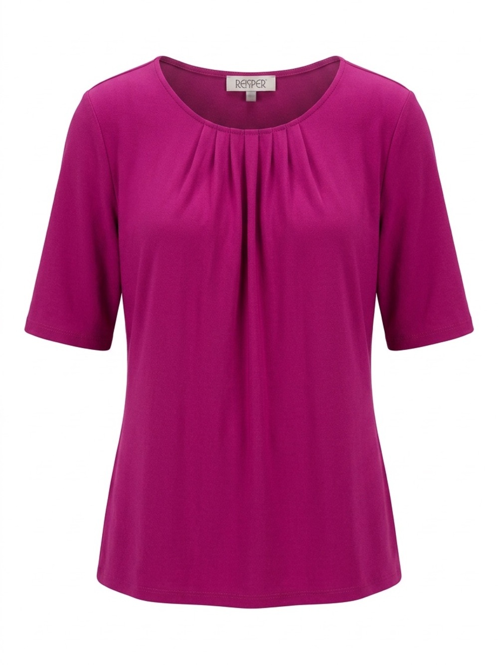 Kasper Short-Sleeve Pleated Neck Top — Magenta